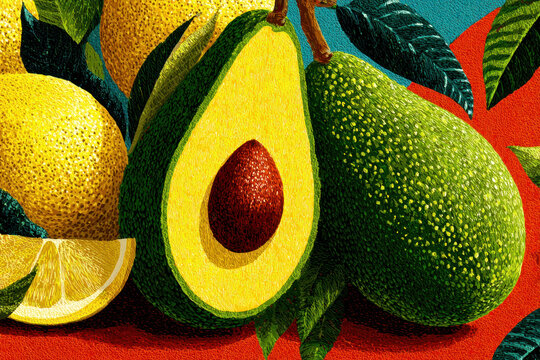 Vibrant stylized illustration of fresh avocado and lemon arranged with tropical leaves in a bold textured composition.  