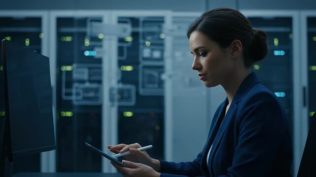 Focused business agent discussing contract terms on video call softly blurred government office setting emphasizing secure policy tracking.