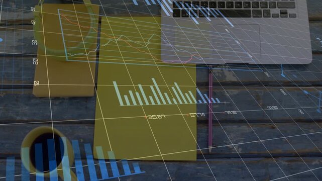 Laptop activating, workspace projecting data charts rising and rotating to visualize analytics