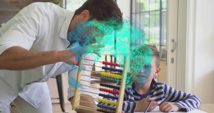 Man leaning over table bringing abacus into view, tilting beads with teal overlay for education