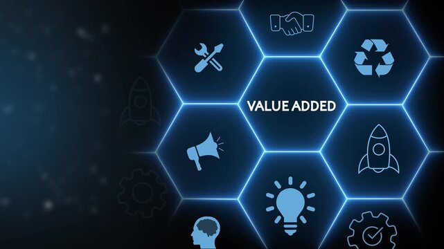 Digital Network of Hexagons with Value Added Central and Business Icons on Dark Background technology