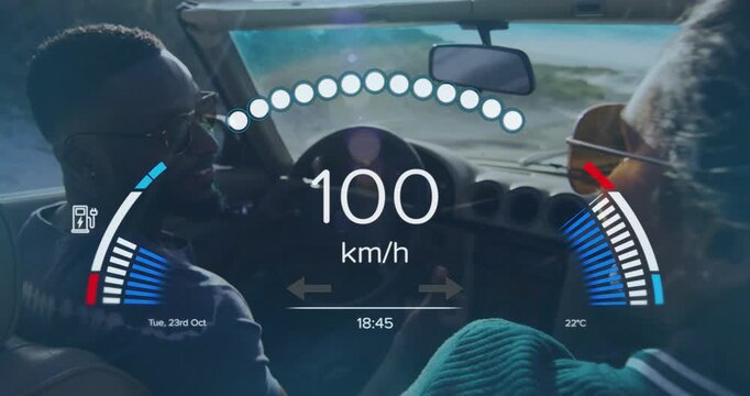 Male driver hitting gas, accelerating droptop for coastal drive, car HUD showing speed then slowing