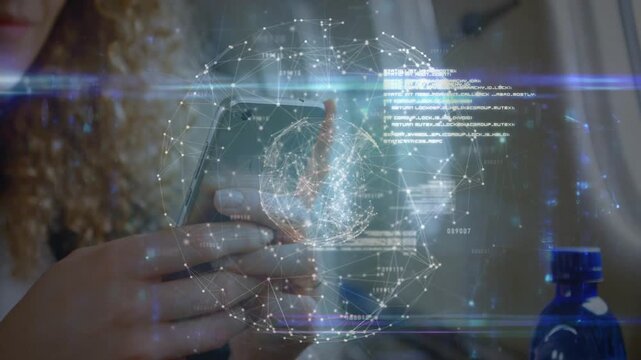 Female passenger tapping phone aboard aircraft, animating AR globe above phone showing flight data