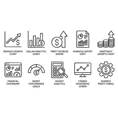 Fototapeta premium Outline business finance icons set depicting data analytics and growth transparent cutout
