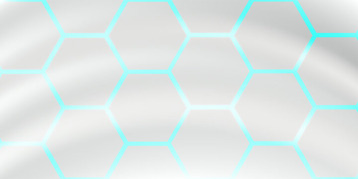 White 3d hexagonal technology vector abstract background. Blue bright energy flashes under hexagon in modern technology futuristic background vector illustration. White honeycomb texture grid.