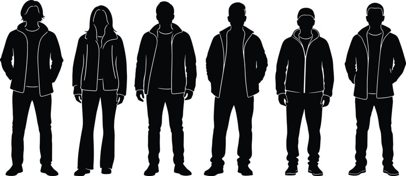 Three stylized human silhouettes depicted in a high contrast black and white vertical line pattern Vector