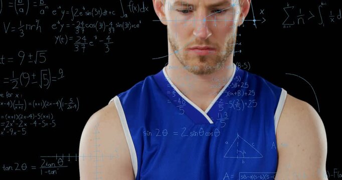 Man holding crossed arms while camera pulling back, equations floating across torso, studying math