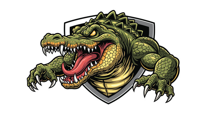 Powerful aggressive alligator mascot illustration, depicted bursting through a protective shield with a wide-open mouth and sharp teeth.