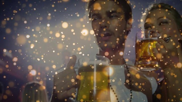 Man and woman sipping beer celebrating nightlife, camera pulling back, bokeh overlay revealing DJ