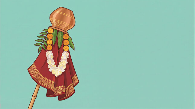 Detailed Vector Line Art Illustration of Gudi Padwa featuring Traditional Sugar Candy Garland (Gathi) on Mint Green Background