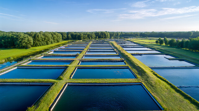 Aerial view of a vast aquaculture farm with numerous rectangular ponds, separated by grassy embankments, under a clear blue sky and lush green forest