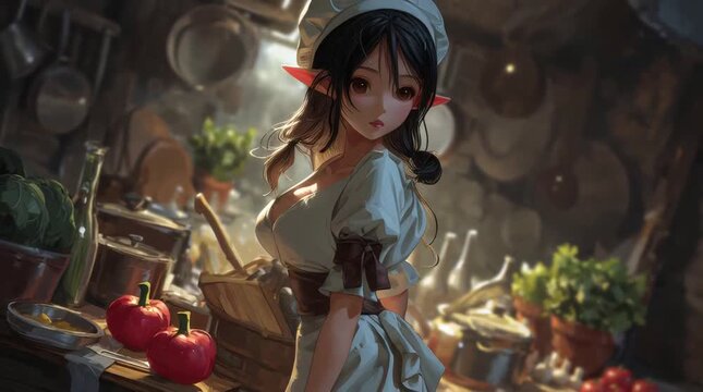 Busty Dark Hair Elf Girl White Chef Dress Cooking in Fantasy Kitchen for Food Art