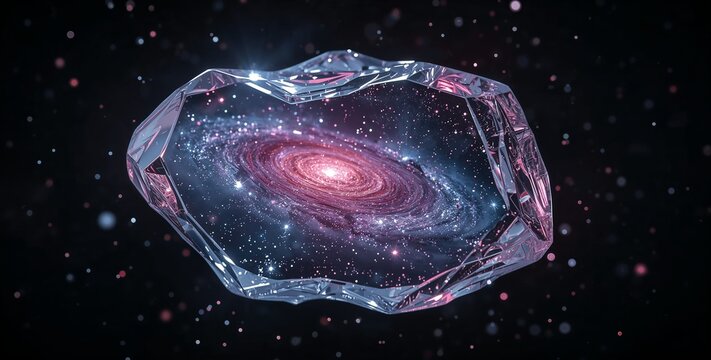 Stunning 3D render of a vibrant spiral galaxy encased within a translucent, irregularly shaped crystal or ice asteroid, floating in the dark expanse of space with distant stars