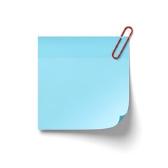 A blue sticky note with a red paperclip