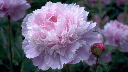 Fully bloomed pale pink flower showcases delicate ruffled petals next to a tightly closed bud
