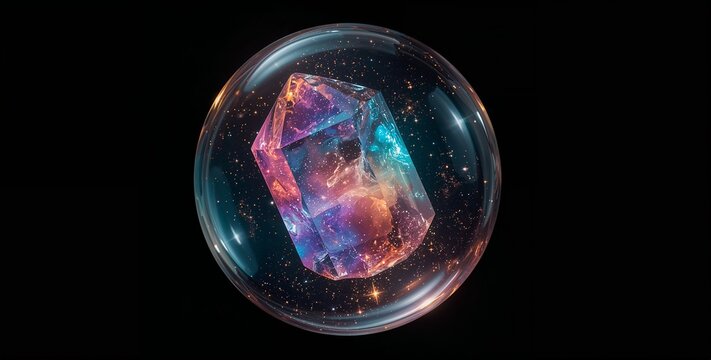 Vibrant abstract crystal in a clear glass sphere, glowing with colorful light against a dark background, representing magic, energy, and cosmic power