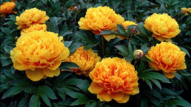 Multiple vivid yellow blossoms display lush green foliage in a garden setting