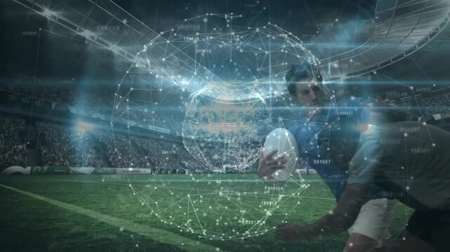 Holo globe rising center over players, blue runner holding oval ball, tackler tackling for sports