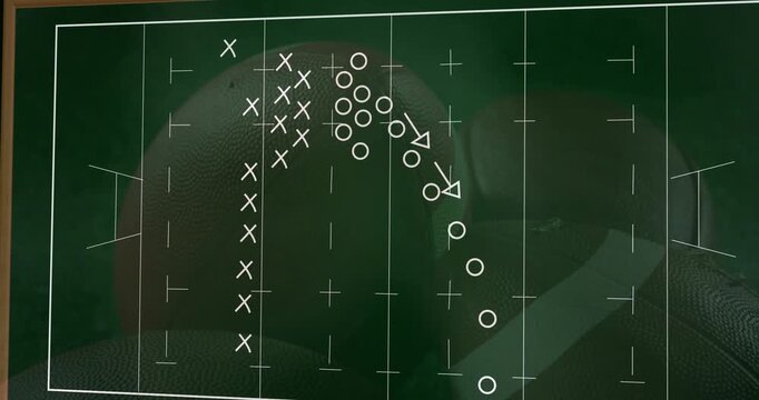 Vertical video: Board showing chalk Xs and Os tracing routes from ticks, teaching football plays