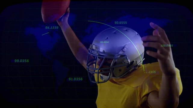 HUD data appearing QB shifting grip rotating raising arm releasing pass showing arc metrics