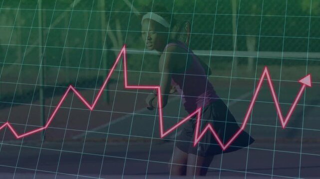 Vertical video: Tracking incoming ball, player in tank swinging racket on court, pink data overlay