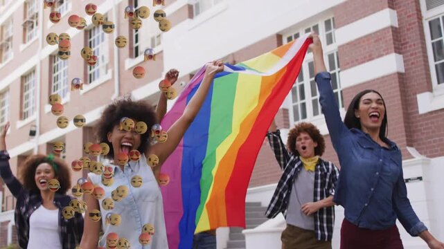 Leaders holding pride flag on steps, emojis appearing left causing raising flag, cheering activism