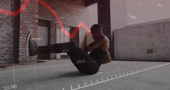 Man holding medicine ball starting V-sit performing twists, HUD red graph tracking reps for fitness