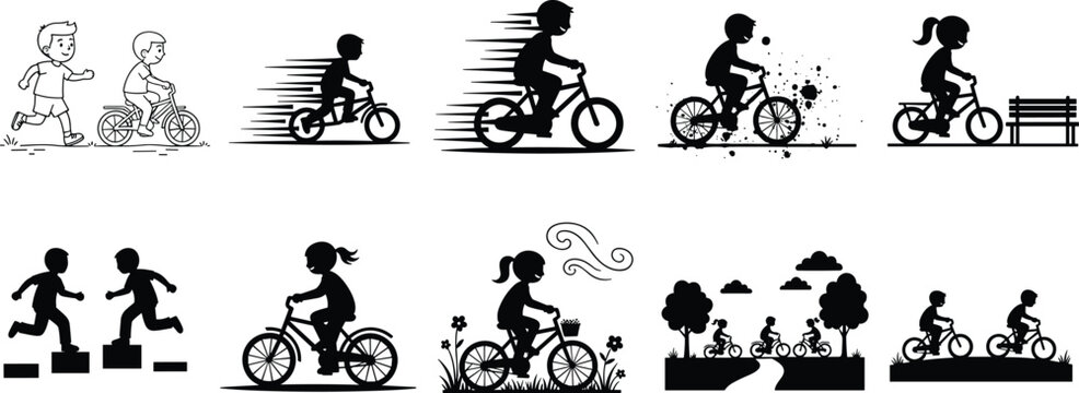 Collection of kids cycling and playing silhouettes showing children riding bicycles, running and outdoor activities, black vector set illustrating healthy lifestyle and motion