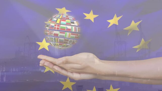 Female hand entering right summoning rotating flag globe above palm then fading back showing trade