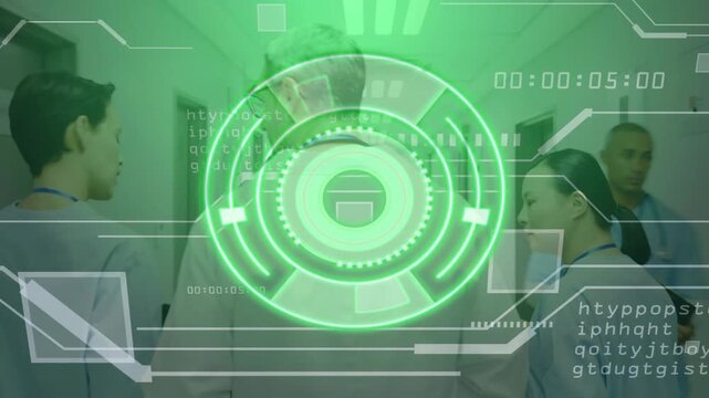 Clinical team walking hospital corridor, HUD appearing showing rings while consulting patient care