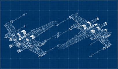 Space fighter. Spaceship in three projections and isometry. Blueprint. Drawing on a white background.  © Olena