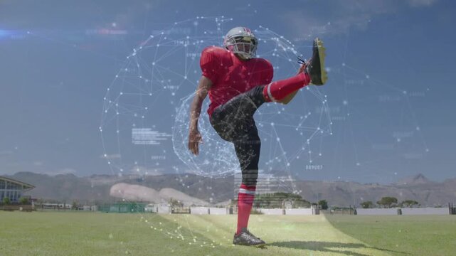 Punter shifting weight, dropping ball, executing punt for sports training, HUD appearing around him