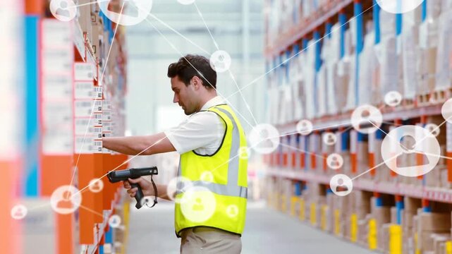 Vertical video: Placing box, picker in hi-vis vest scanning labels in aisle for orders, overlay