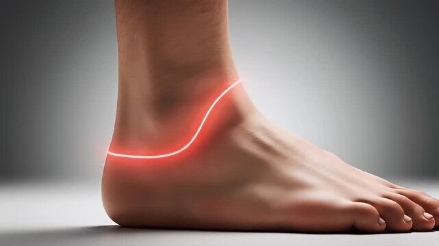 Human ankle showing red glowing line pain indicator on grey background
