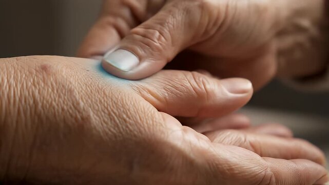 Senior hands massaging pained knuckle joint with blue glowing relief indicator