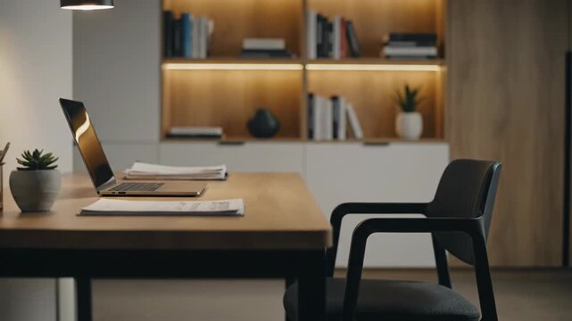 Serene home office desk setup with a laptop, books, and a potted plant, illuminated by warm ambient lighting