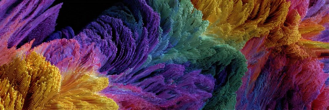Abstract colorful textured explosion of microscopic filament clusters in purple yellow teal and magenta forming vibrant organic landscape with depth and motion