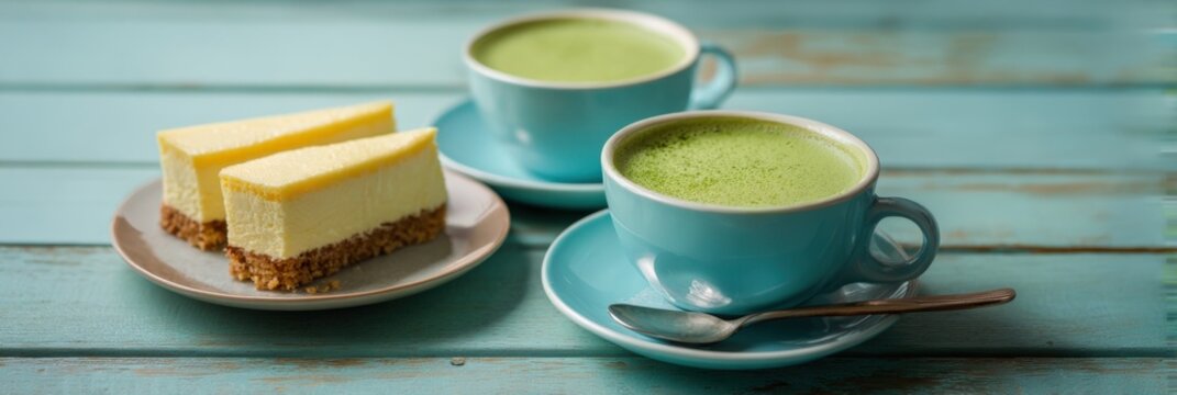 Turquoise matcha latte cups and cheesecake slices on a rustic blue wooden table, close up breakfast dessert scene