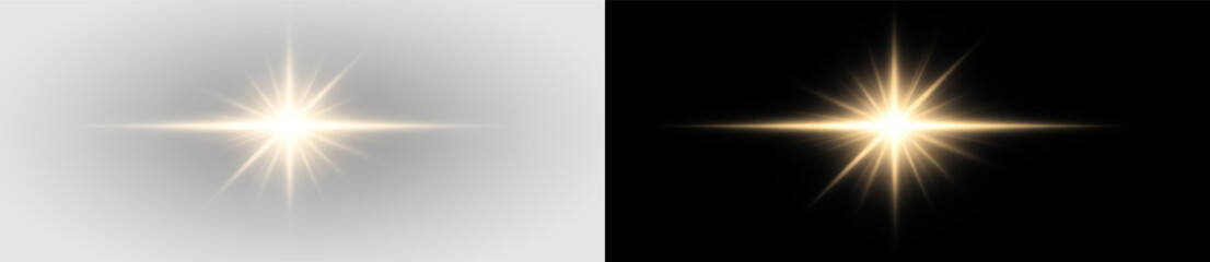 Fototapeta premium Bright golden starburst glow flare light rays effect png overlay element, on transparent background