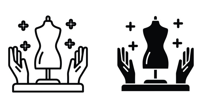 Tailoring mannequin icon with hands and sparkles representing fashion design and dressmaking craft for creative sewing projects and apparel