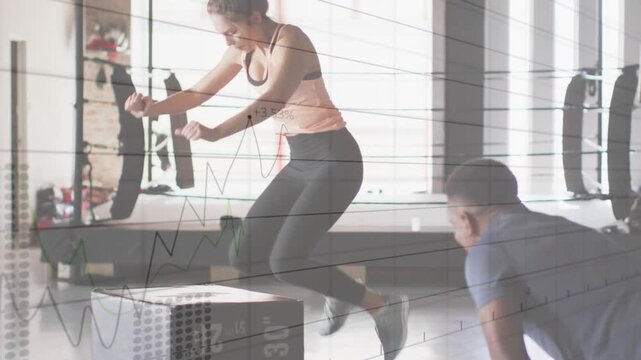 Female trainee following coach count, doing explosive box jumps for power, faint charts tracking