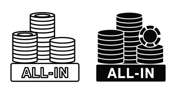 Poker chip stacks with all in text sign icon set in outline and solid black silhouette for gambling games