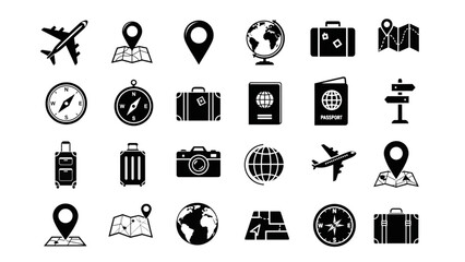 Travel and Navigation Black Silhouette Icon Set – Airplane Map Pin Globe Passport Camera Tourism Icons © Kaushi_Lens