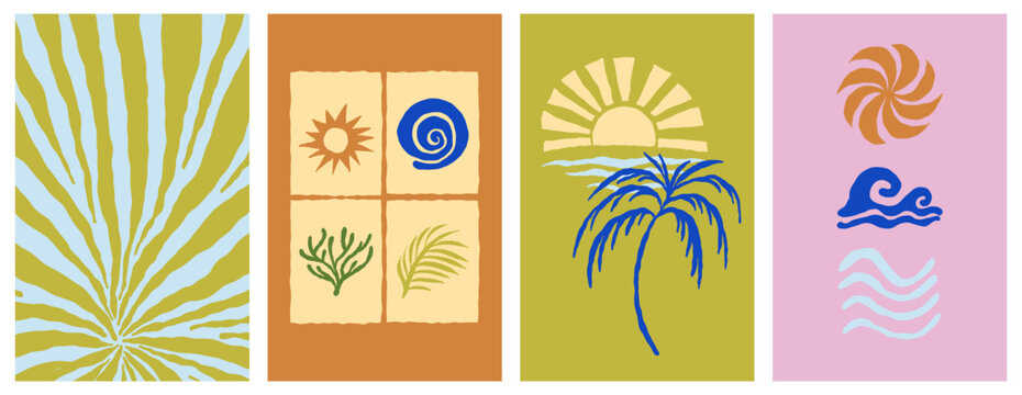 Vector set of cover design templates for travel vacation summer books, summer and sirf banners with hand drawn sketchy doodle illustrations in simple style