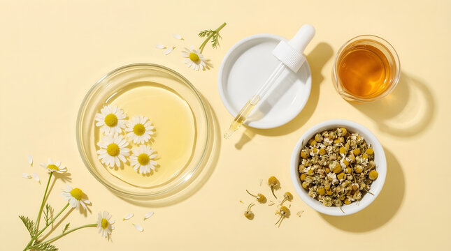 Natural chamomile extract with fresh and dried flowers in laboratory flat lay on yellow background