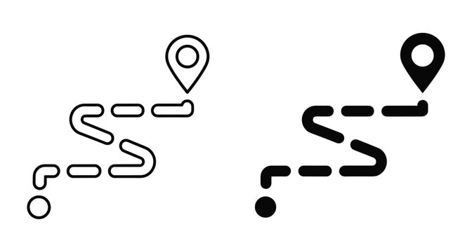 Map route icon set with dashed path line starting from circle point to location pin marker for navigation and travel