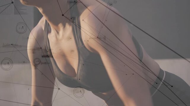 Vertical video: Gripping barbell, woman pulling at gym in bra, leggings for training, data overlay