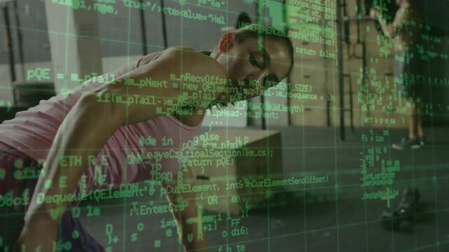 Woman doing single-arm rows gripping dumbbell, rotating torso, green overlay tracking fitness