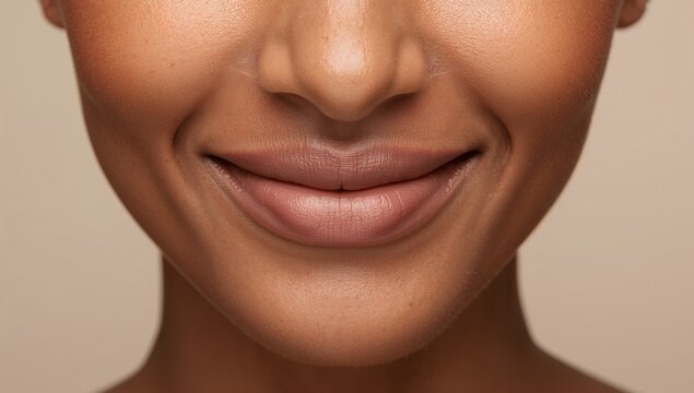 Smiling lower face of woman showing skin texture in studio, with full lips, philtrum, dimples