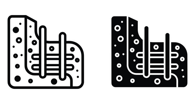 Reinforced concrete wall section with steel rebar rods icon set for construction engineering architecture building foundation and structural material design